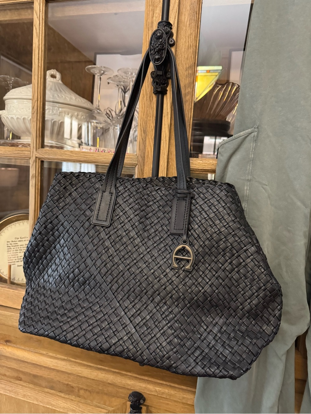 Etienne Aigner Black Woven Leather Tote